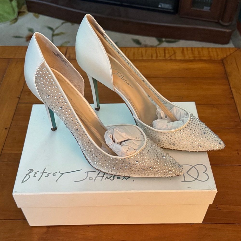 Betsey Johnson Sparkling White and Silver Crystal Illusion Pumps